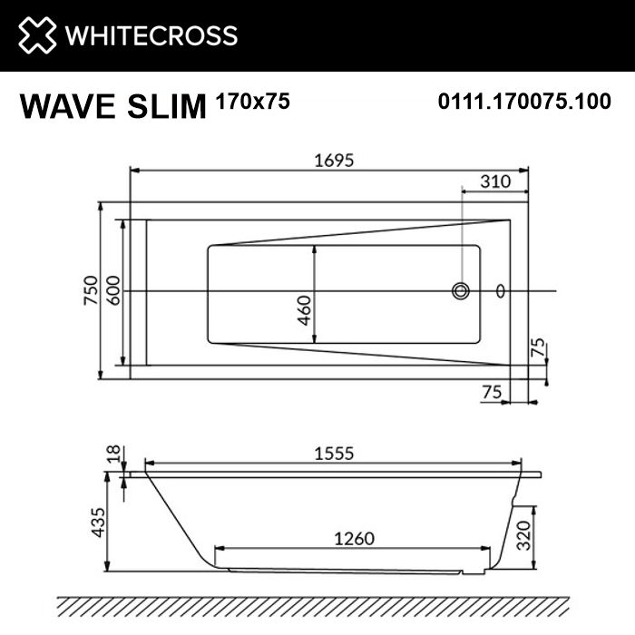 Ванна WHITECROSS Wave Slim 170x75 "RELAX" (хром)