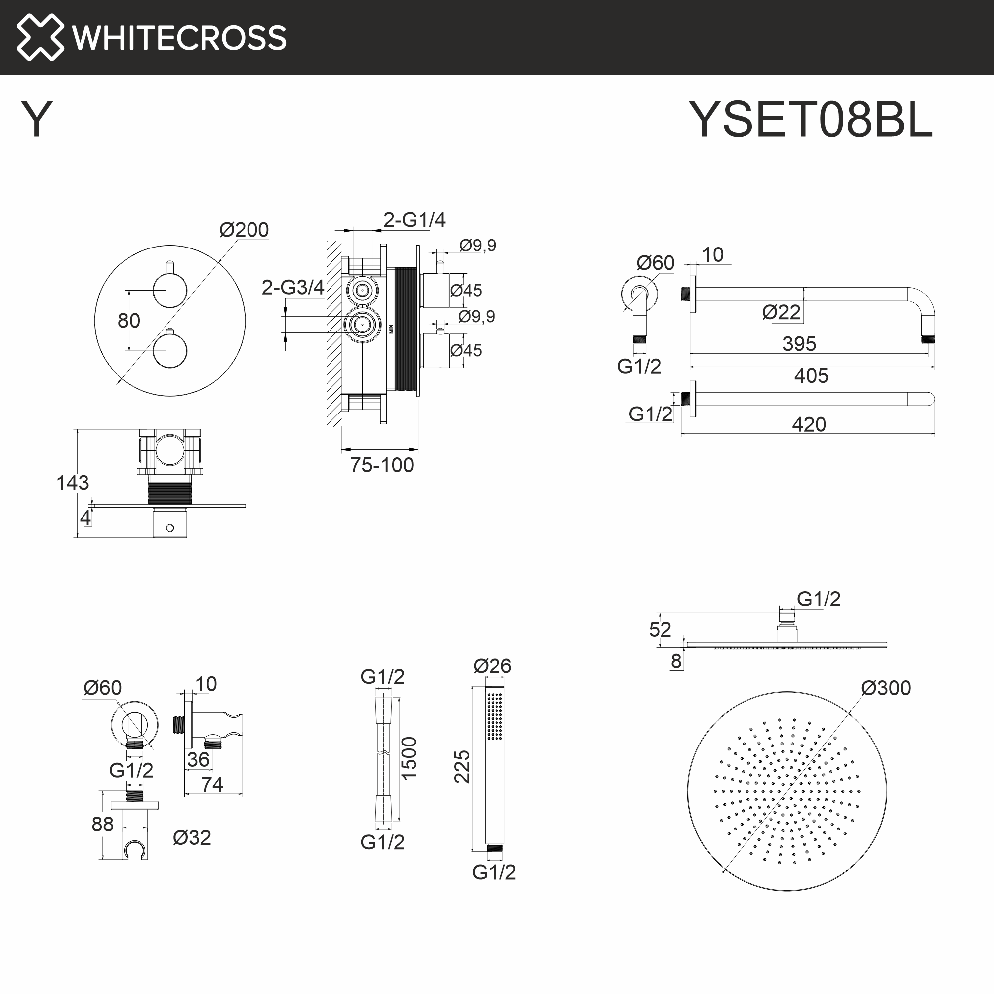 Термостатическая душевая система скрытого монтажа WHITECROSS Y YSET08BL (черный мат)
