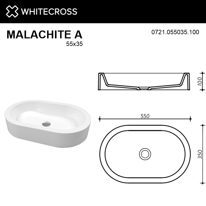 Умывальник WHITECROSS Malachite A 55x35 (белый глянец) иск. камень