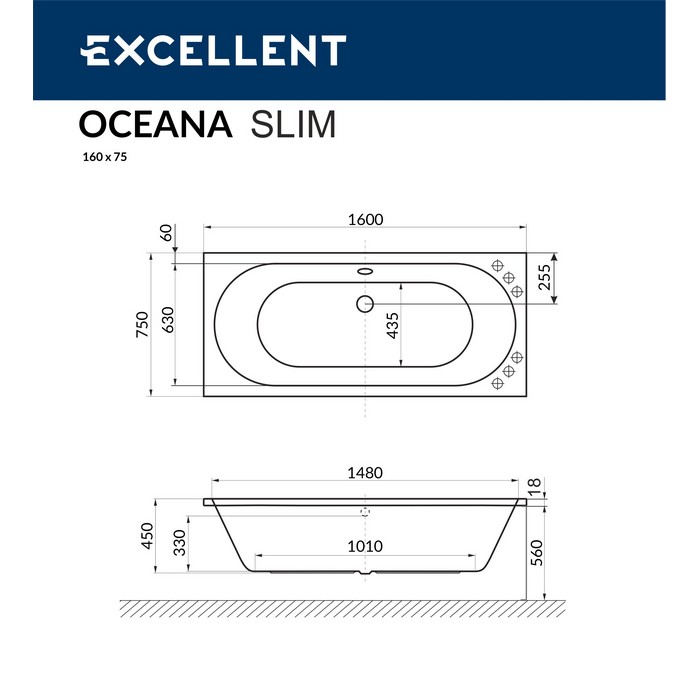 Ванна EXCELLENT Oceana Slim 160x75 "LINE" (золото)