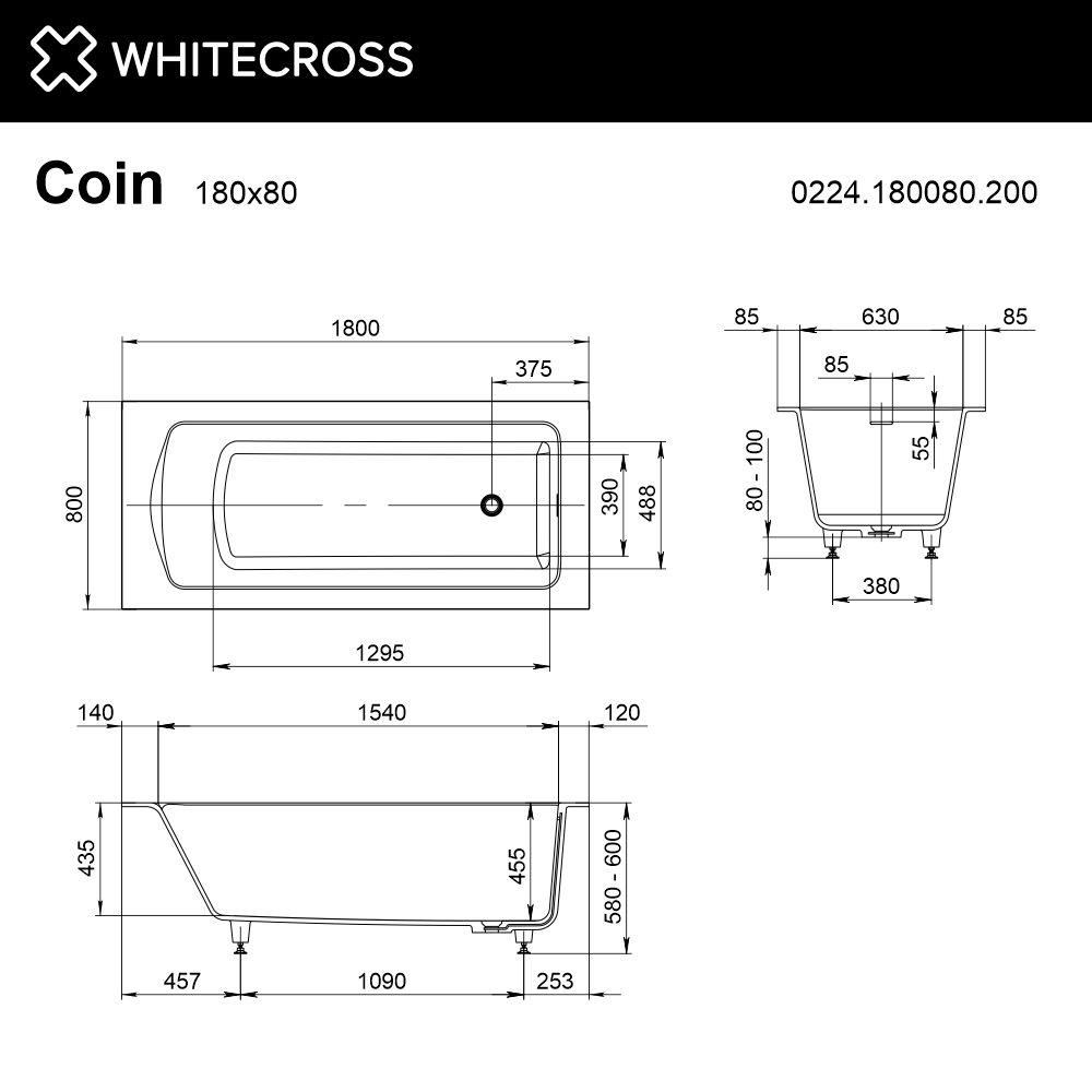 Ванна WHITECROSS Coin 180x80 (белый мат) "RELAX" (хром)