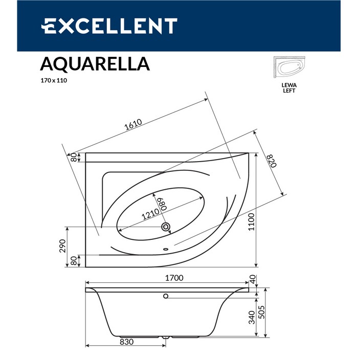 Ванна EXCELLENT Aquarella 170x110 (левая) "RELAX" (хром)