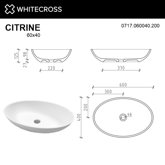 Умывальник WHITECROSS Citrine 60x40 (белый мат) иск. камень
