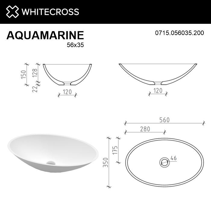 Умывальник WHITECROSS Aquamarine 56x35 (белый мат) иск. камень