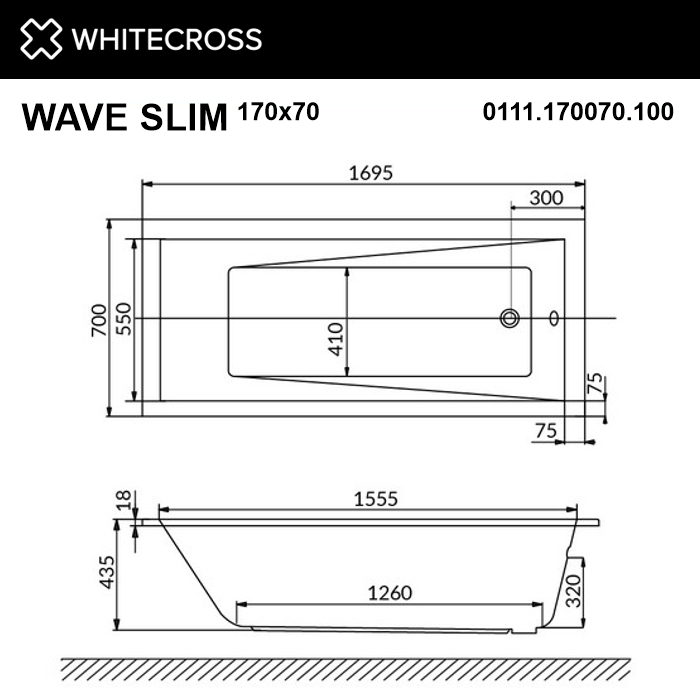 Ванна WHITECROSS Wave Slim 170x70 "NANO" (золото)