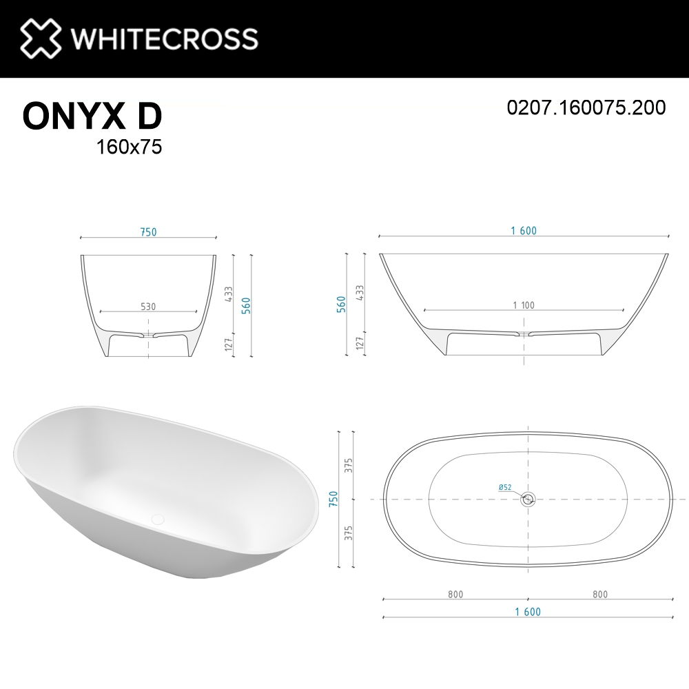 Ванна WHITECROSS Onyx D 160x75 (белый мат) иск. камень 