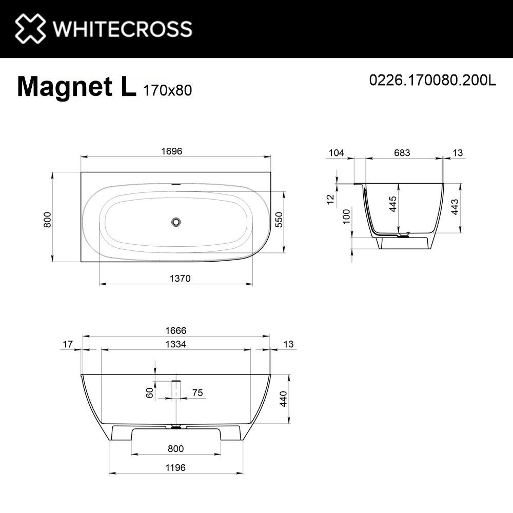 Ванна WHITECROSS Magnet 170x80 L (белый мат) иск. камень 