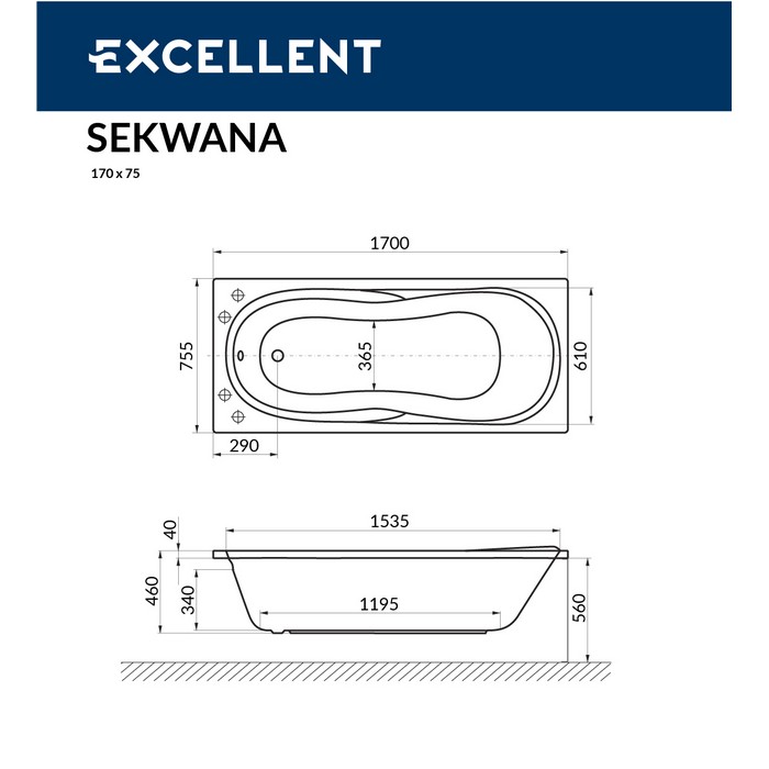 Ванна EXCELLENT Sekwana 170x75 "LINE NANO" (золото)