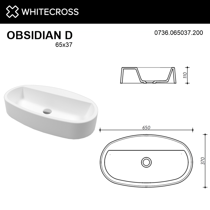 Умывальник WHITECROSS Obsidian D 65x37 (белый мат) иск. камень