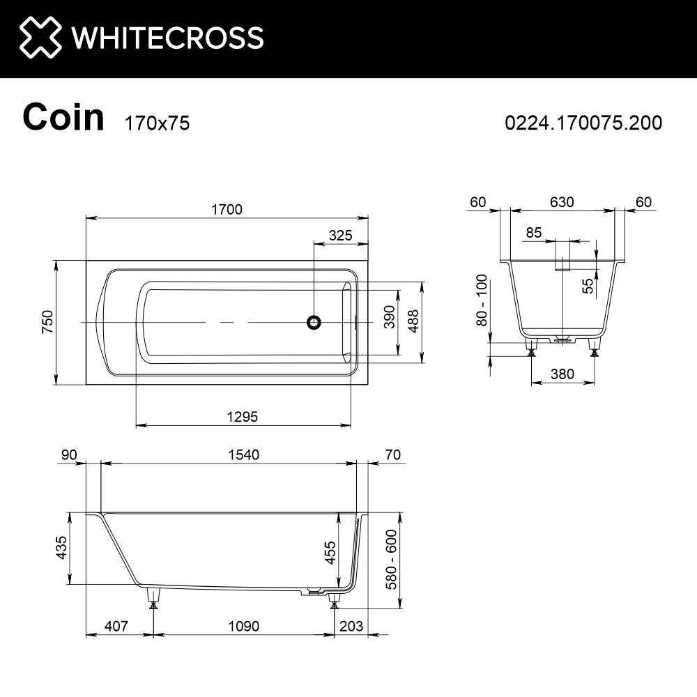 Ванна WHITECROSS Coin 170x75 (белый мат) иск. камень 