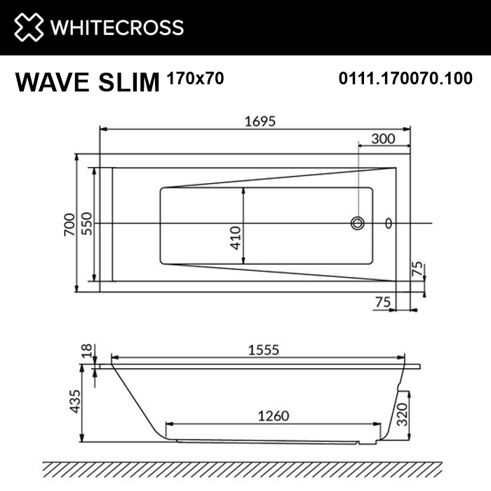 Ванна WHITECROSS Wave Slim 170x70 "RELAX" (бронза)