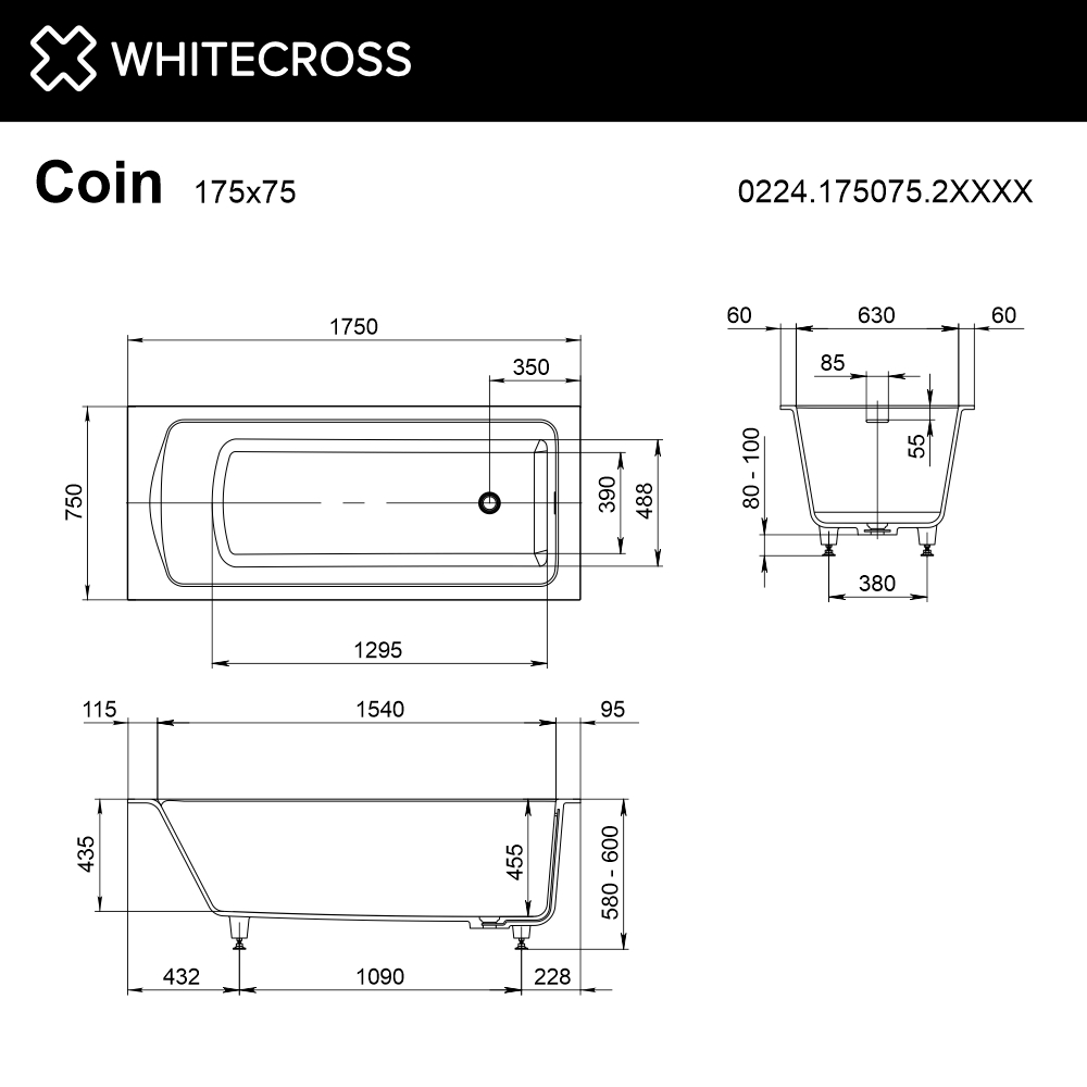 Ванна WHITECROSS Coin 175x75 (RAL мат) иск. камень 