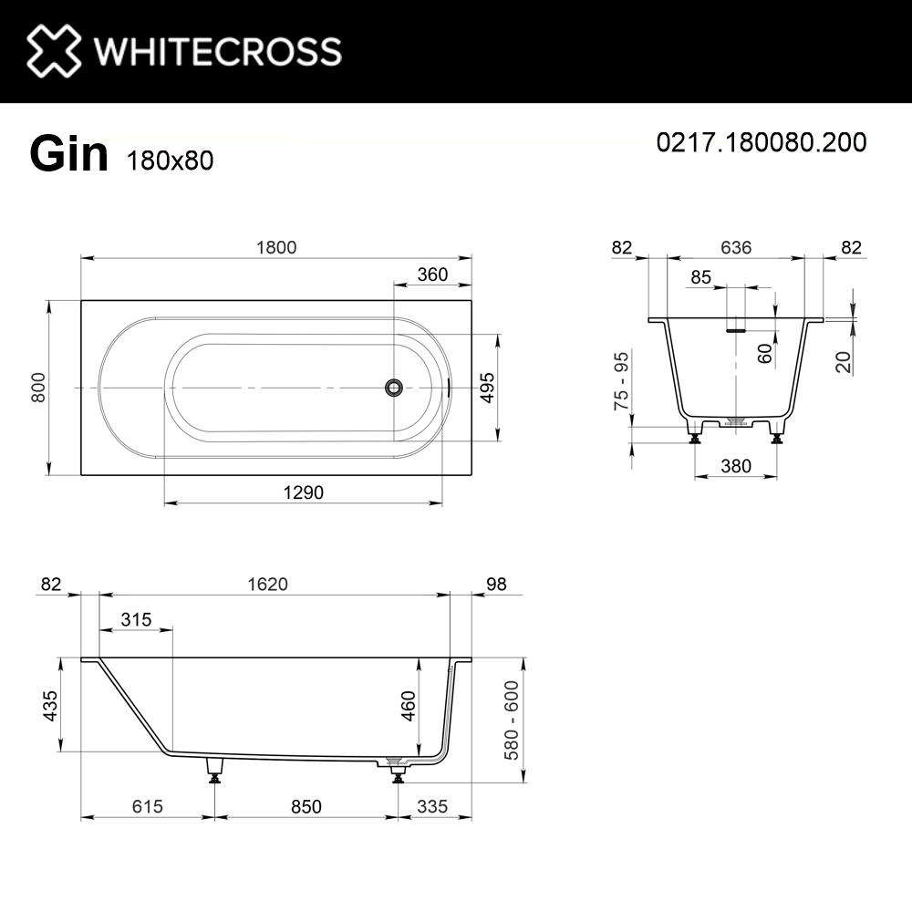 Ванна WHITECROSS Gin 180x80 (белый мат) "LINE" (бронза)