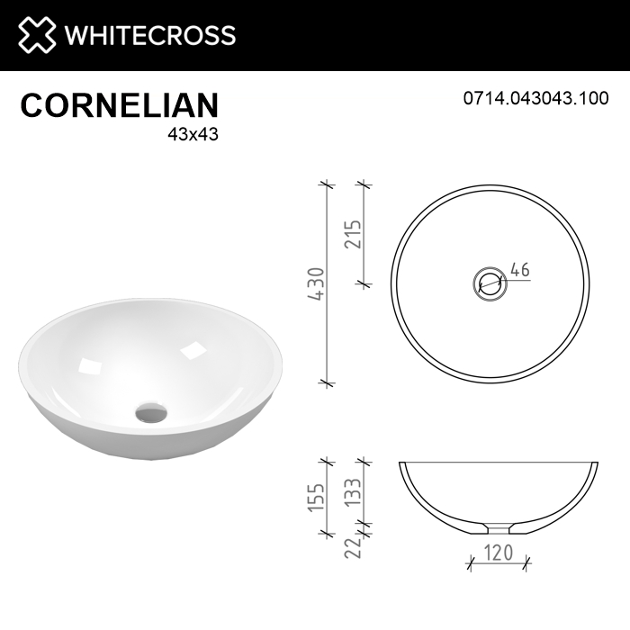 Умывальник WHITECROSS Cornelian D=43 (белый глянец) иск. камень